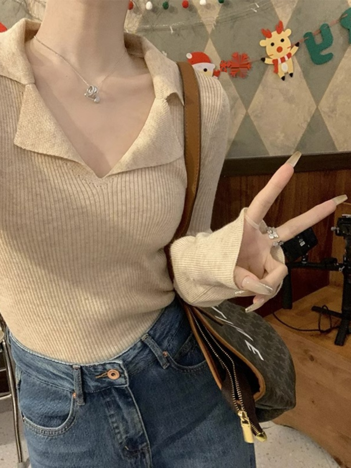 Women’s Polo Collar Long Sleeve Knit Sweater 2026 Fall Slim Fit Wool Blend Pullover Top