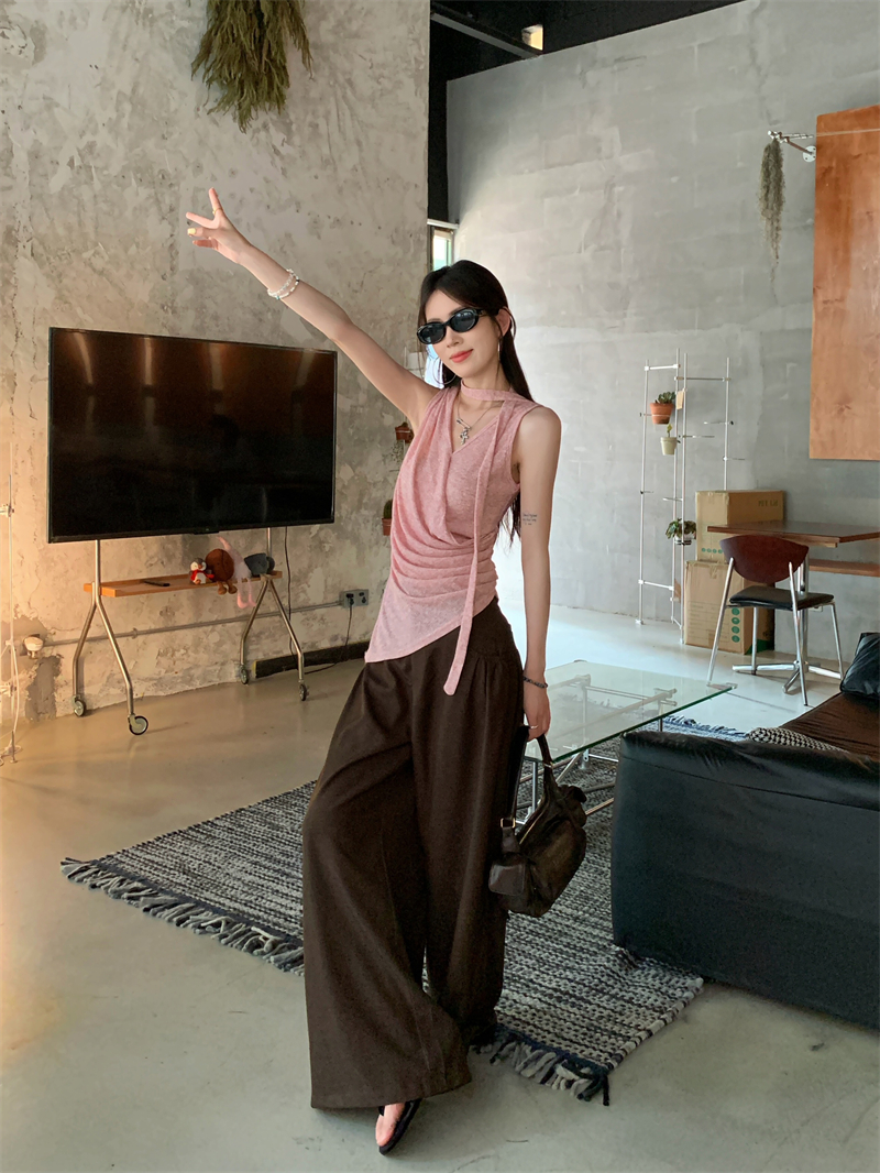 Women’s Sleeveless V-Neck Slim Pink Top and High-Waist Wide-Leg Pants Two-Piece Set