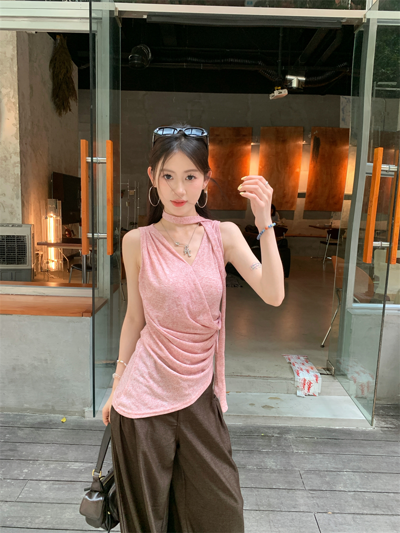 Women's Sleeveless V-Neck Slim Pink Top and High-Waist Wide-Leg Pants Two-Piece Set - Image 4