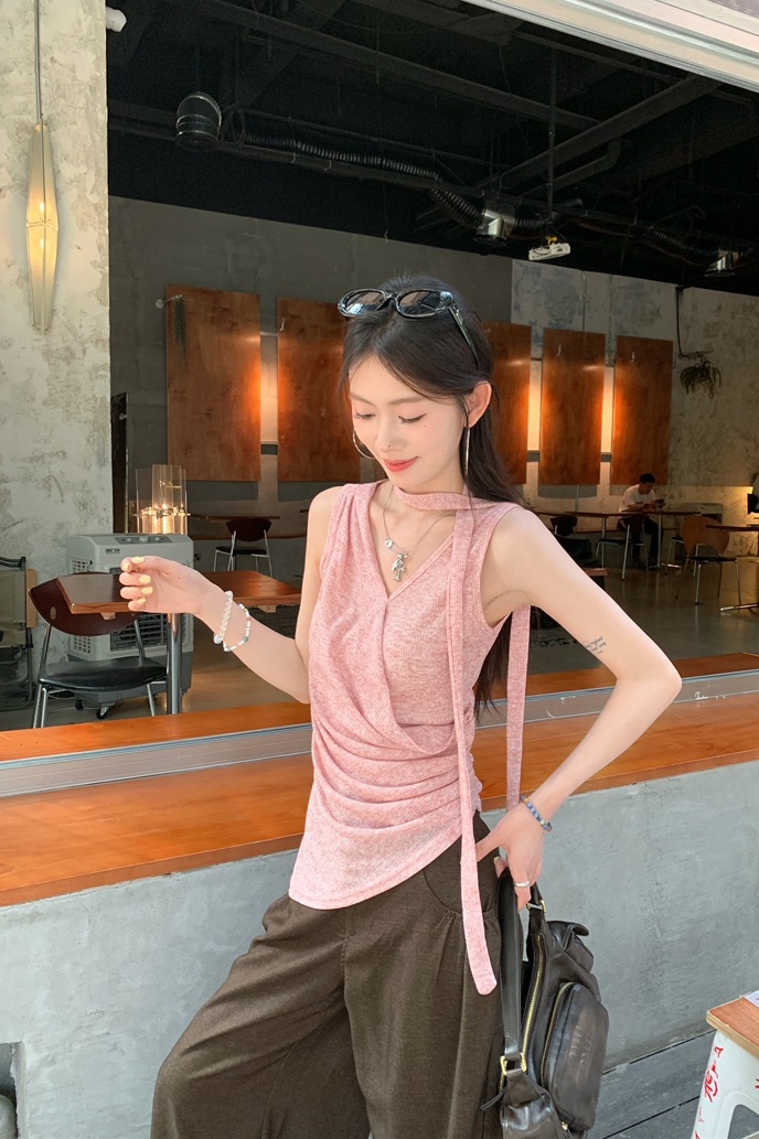 Women's Sleeveless V-Neck Slim Pink Top and High-Waist Wide-Leg Pants Two-Piece Set - Image 5