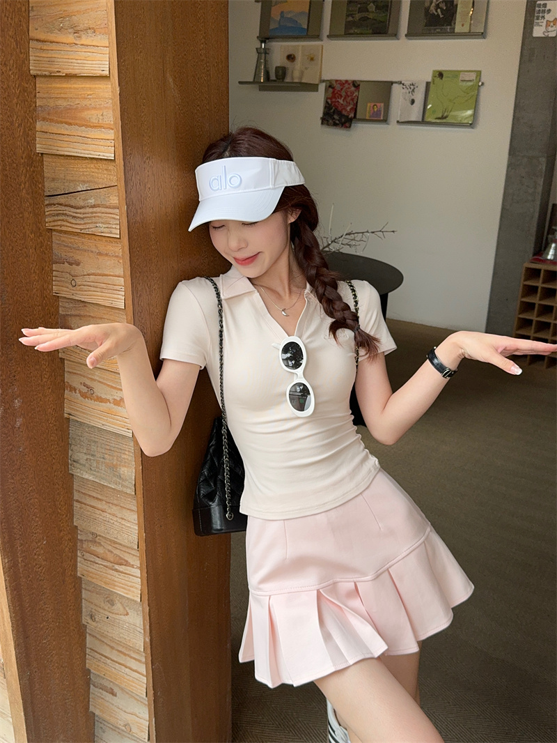Women’s Summer Two-Piece Set with Short Sleeve Polo Neck T-Shirt and Pleated Skirt