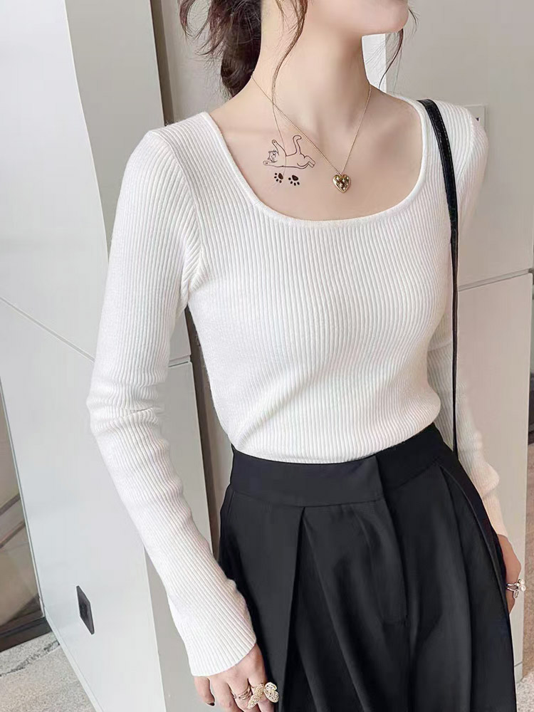 Square Neck Knit Sweater Women Fall Winter Long Sleeve Slim Fit Base Layer - Image 3