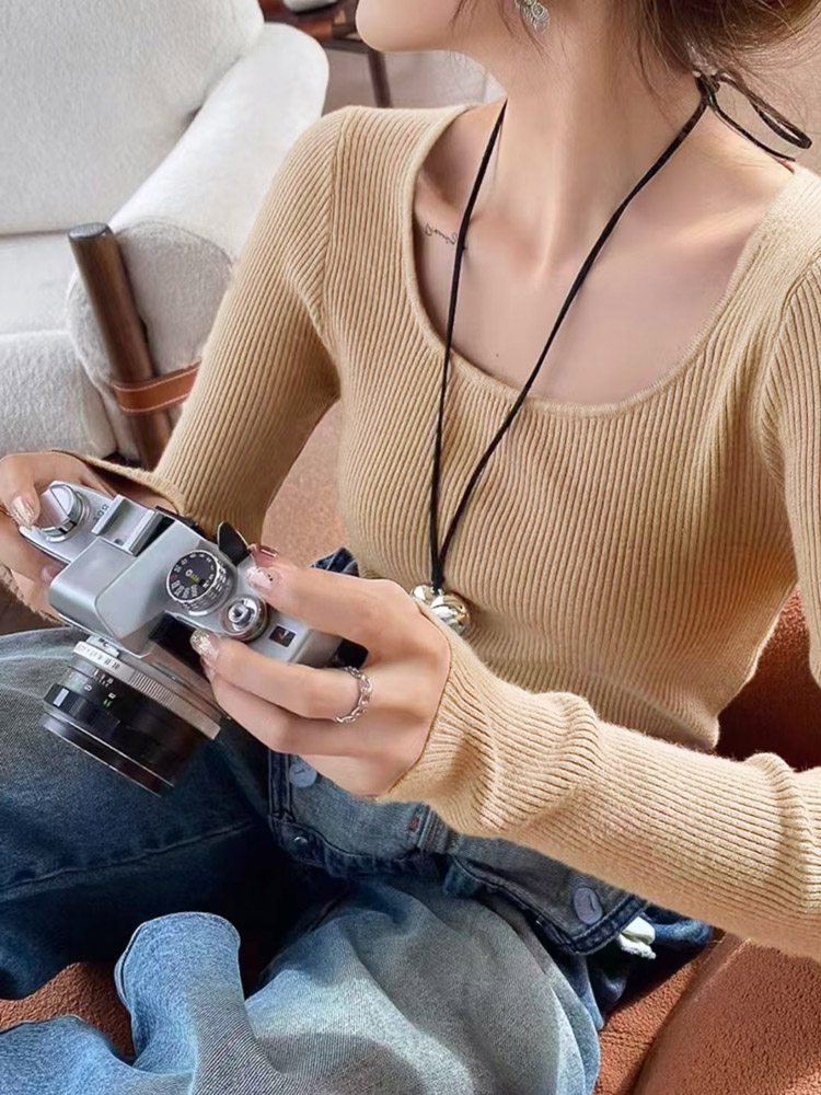 Square Neck Knit Sweater Women Fall Winter Long Sleeve Slim Fit Base Layer - Image 4