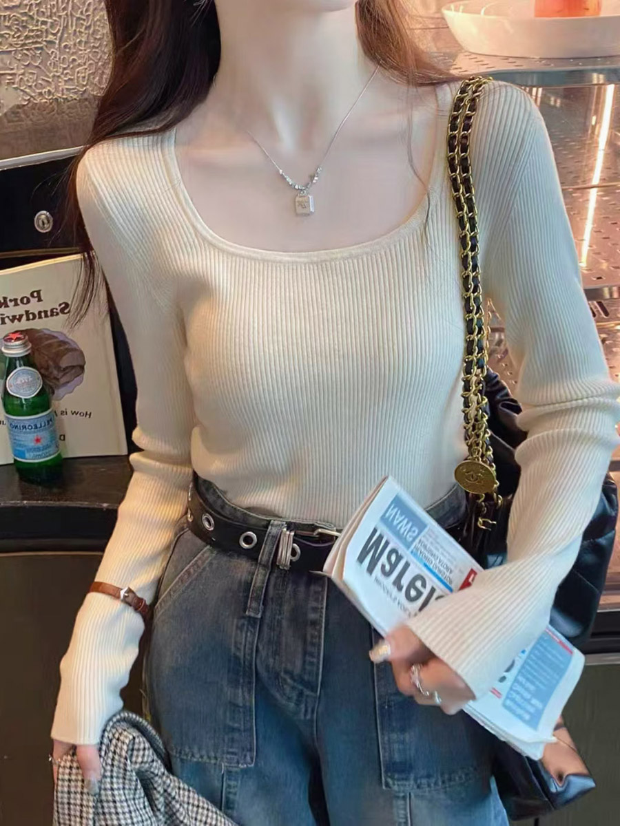 Square Neck Knit Sweater Women Fall Winter Long Sleeve Slim Fit Base Layer - Image 2