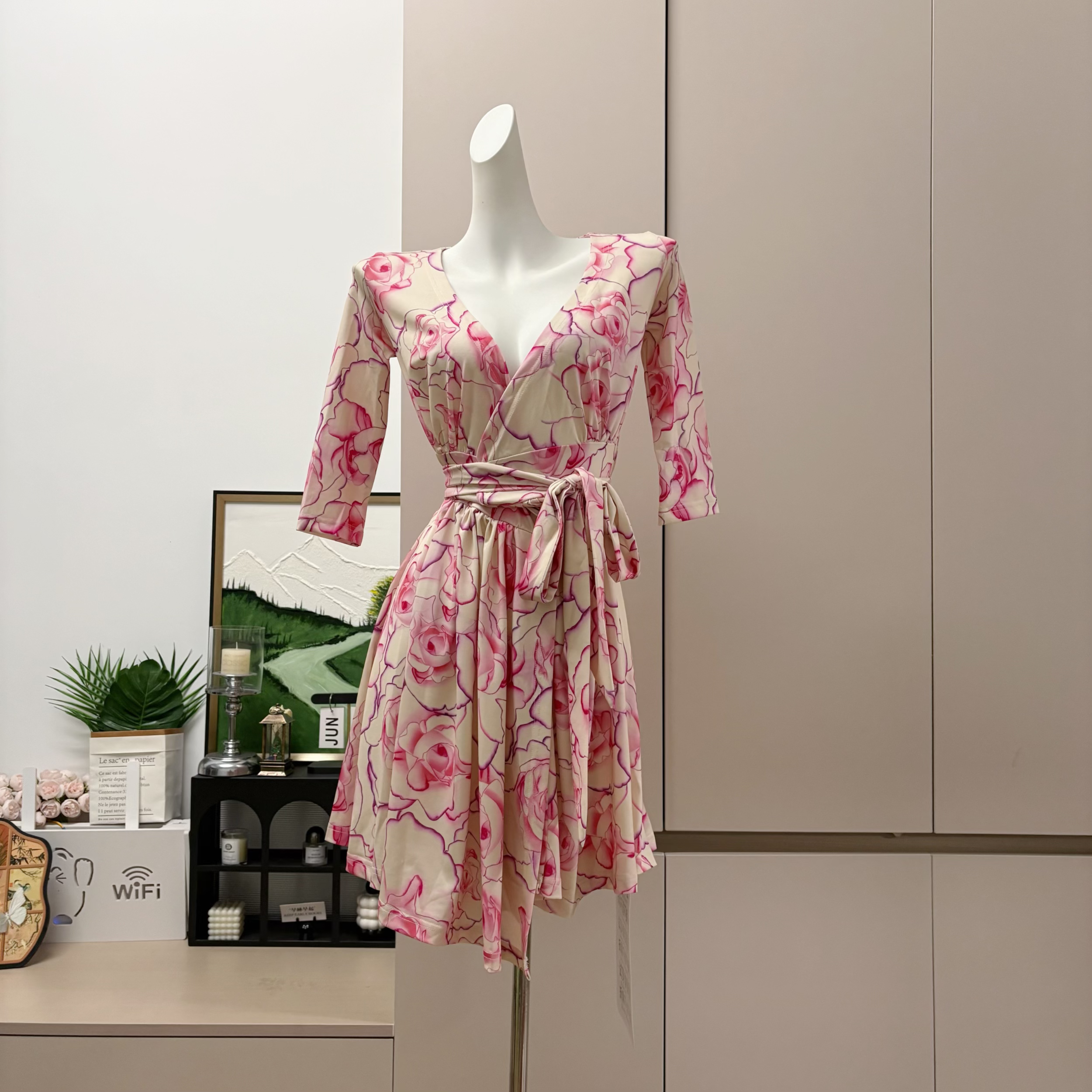 Custom Bright Summer Large Floral Girl Style Dress Waist Cinched Mid Sleeve Tie Loose Spring Long Dress