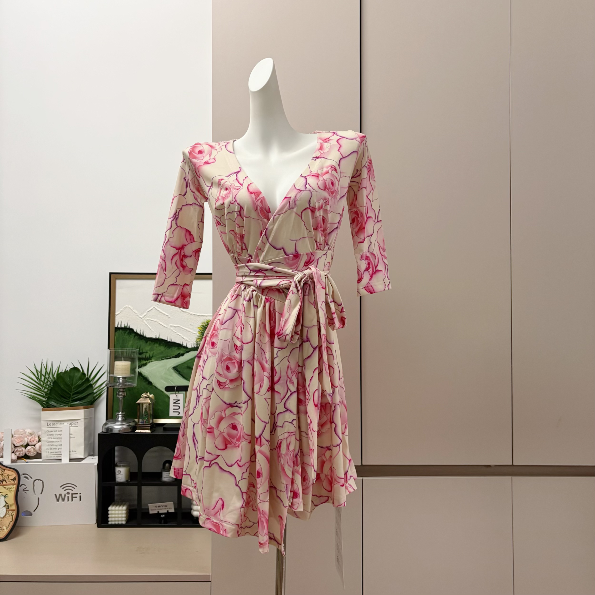 Custom Bright Summer Large Floral Girl Style Dress Waist Cinched Mid Sleeve Tie Loose Spring Long Dress