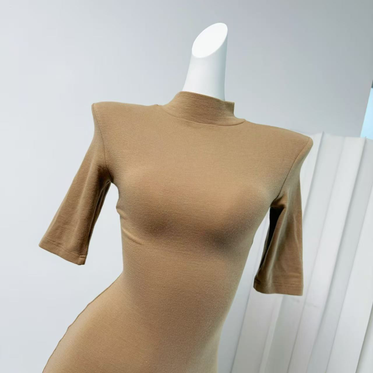 Fart Shop Honey Muffin Half High Neck Mid Sleeve Back Slit Dress Women Spring Summer Slim Midi Dress - Image 4