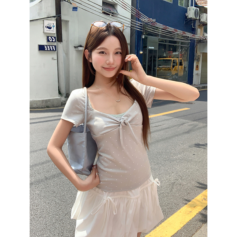 Square Neck Lace Trim Polka Dot T-Shirt Women Summer New Slim Fit Short Sleeve Top - Image 4