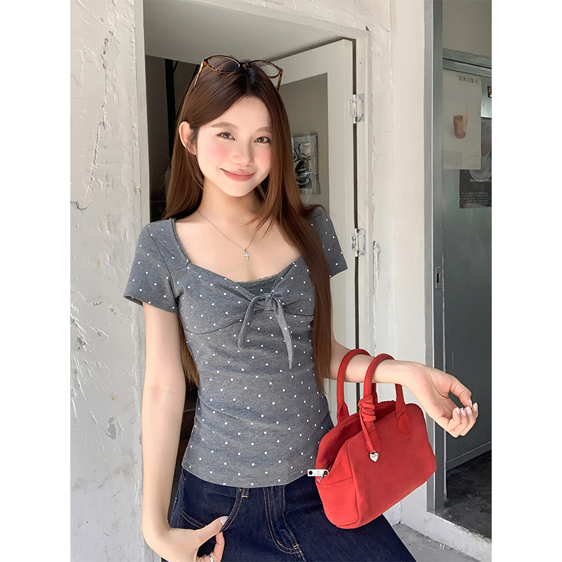 Square Neck Lace Trim Polka Dot T-Shirt Women Summer New Slim Fit Short Sleeve Top - Image 5