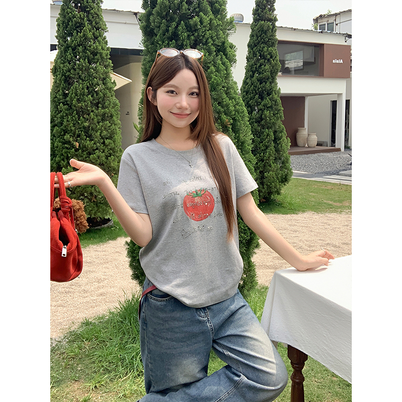 Women's Letter Rhinestone Short Sleeve T-Shirt 2026 Summer Korean Loose Casual Top - Image 3
