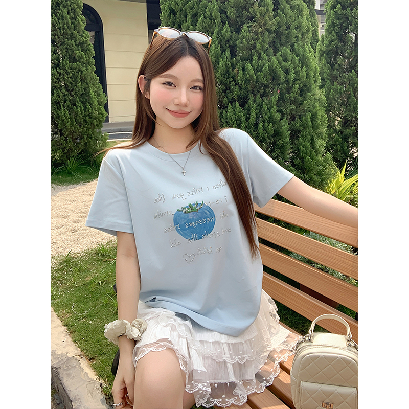 Korean Cute Tomato Letter Rhinestone T-Shirt Women Summer Loose Slimming Round Neck Commute Versatile Top