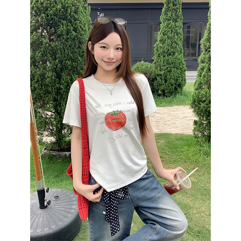 Korean Cute Tomato Letter Rhinestone T-Shirt Women Summer Loose Slimming Round Neck Commute Versatile Top - Image 5