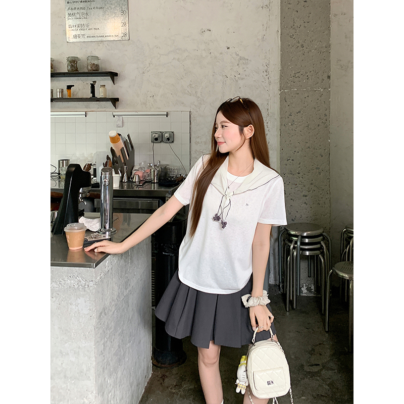 Women Summer Two-Piece Cape Round Neck Short Sleeve T-Shirt Korean Style Loose Fit Commute Top - Image 3