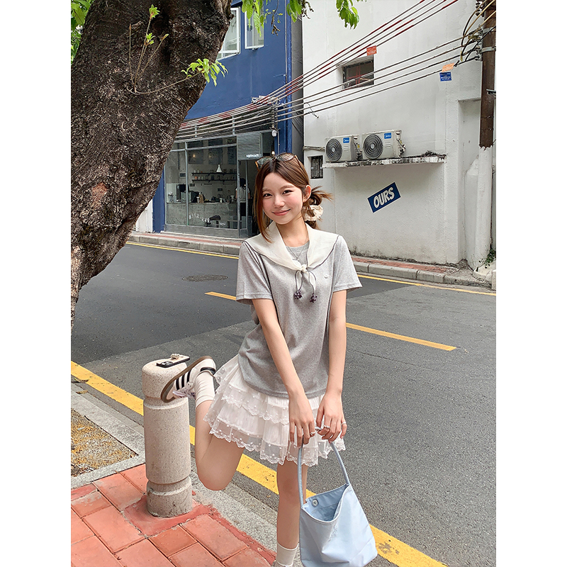 Women Summer Two-Piece Cape Round Neck Short Sleeve T-Shirt Korean Style Loose Fit Commute Top - Image 4
