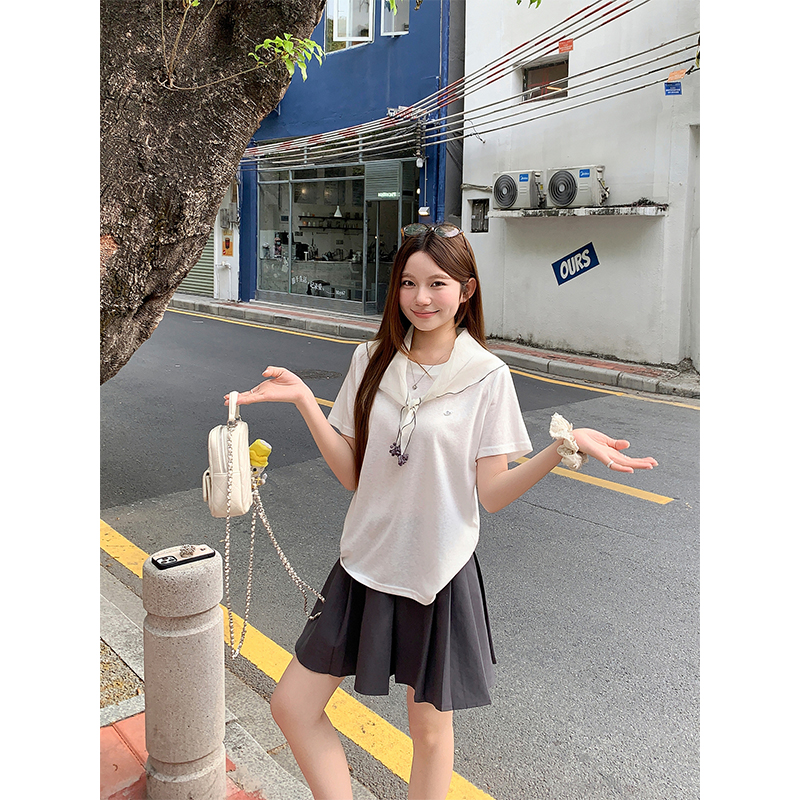 Women Summer Two-Piece Cape Round Neck Short Sleeve T-Shirt Korean Style Loose Fit Commute Top - Image 5