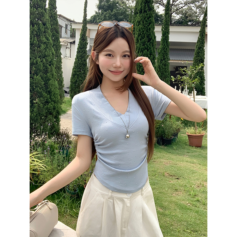 Women’s V-Neck Rhinestone Ribbed Slim Fit Short Sleeve T-Shirt Summer Korean Style