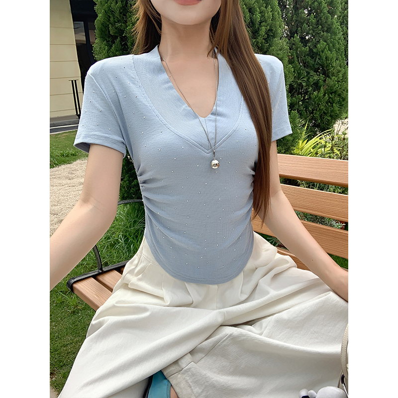 Women’s V-Neck Rhinestone Ribbed Slim Fit Short Sleeve T-Shirt Summer Korean Style