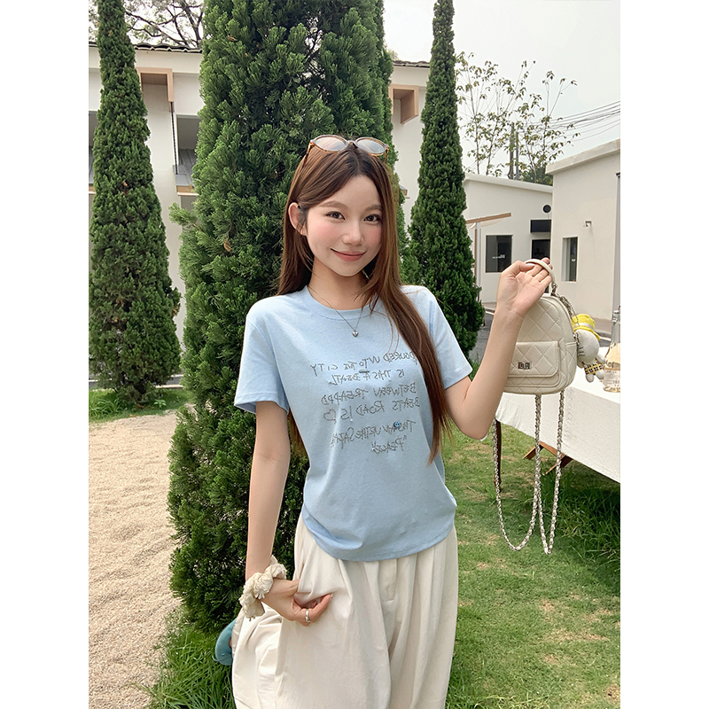 Blue Letter Rhinestone Crewneck Short Sleeve T-Shirt for Women Summer Korean Style Casual Loose Slimming Versatile Top