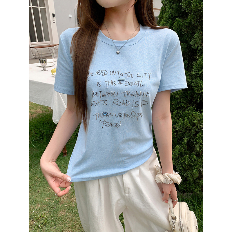 Blue Letter Rhinestone Crewneck Short Sleeve T-Shirt for Women Summer Korean Style Casual Loose Slimming Versatile Top