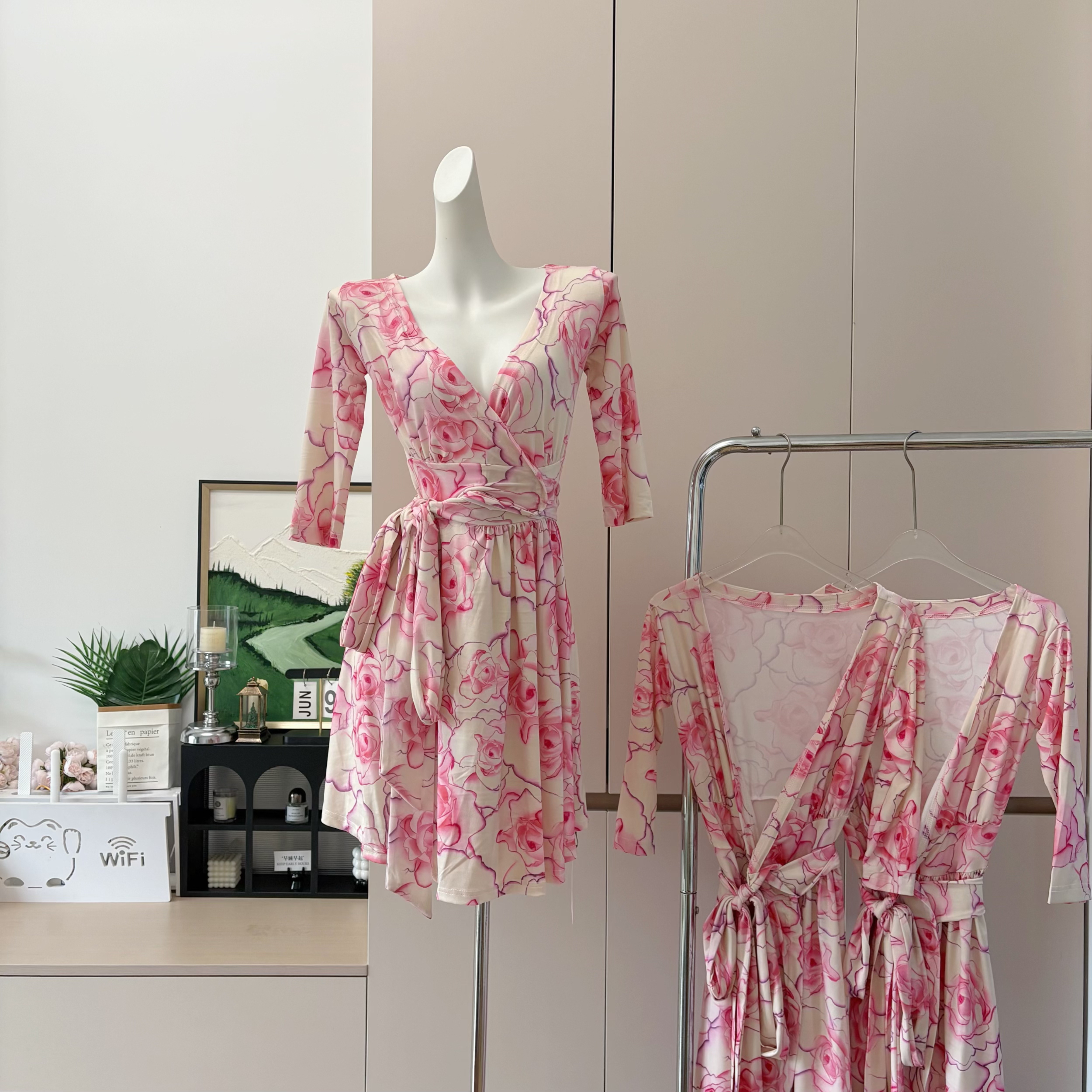 Floral Print Summer Midi Dress with Waist Tie and Five-Quarter Sleeves