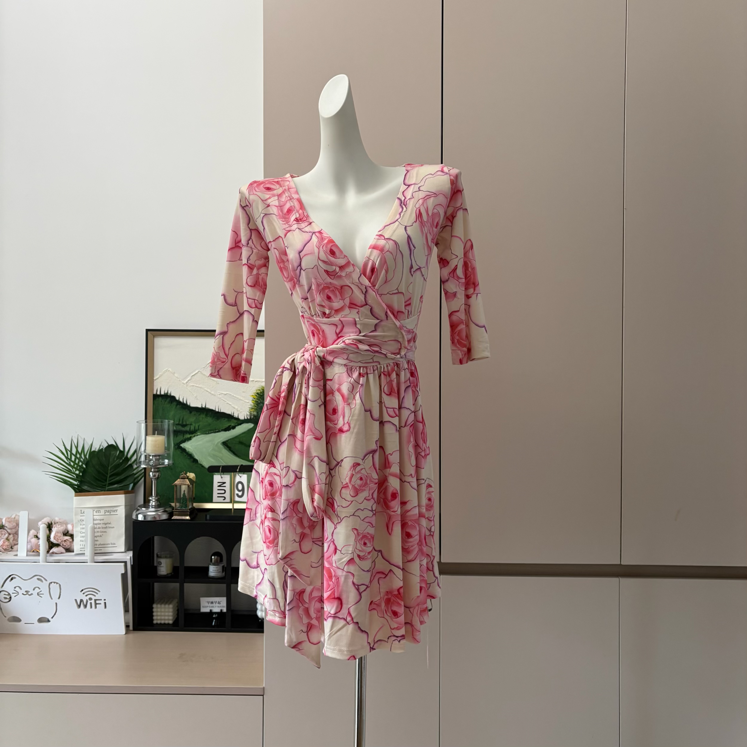 Floral Print Summer Midi Dress with Waist Tie and Five-Quarter Sleeves