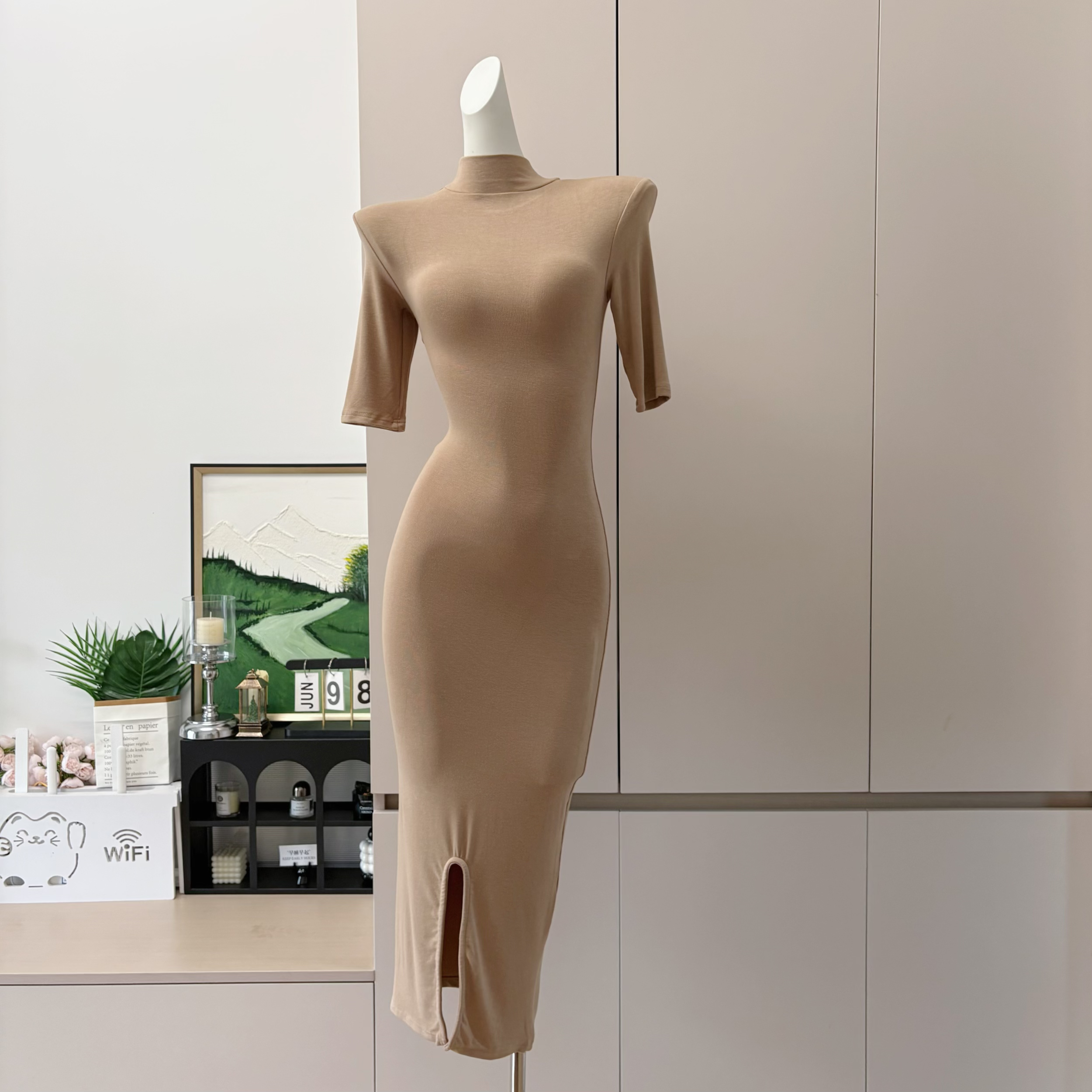 Fart Shop Honey Muffin Half Turtleneck Mid Sleeve Back Slit Dress Women Spring Summer Slim Midi Dress
