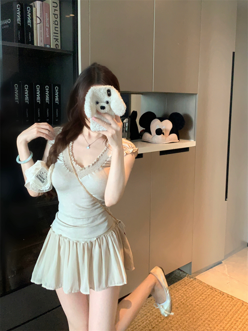 Summer Two-Piece Set with Ruffle V-Neck Short Sleeve T-Shirt and Lace Chiffon Skirt for Women