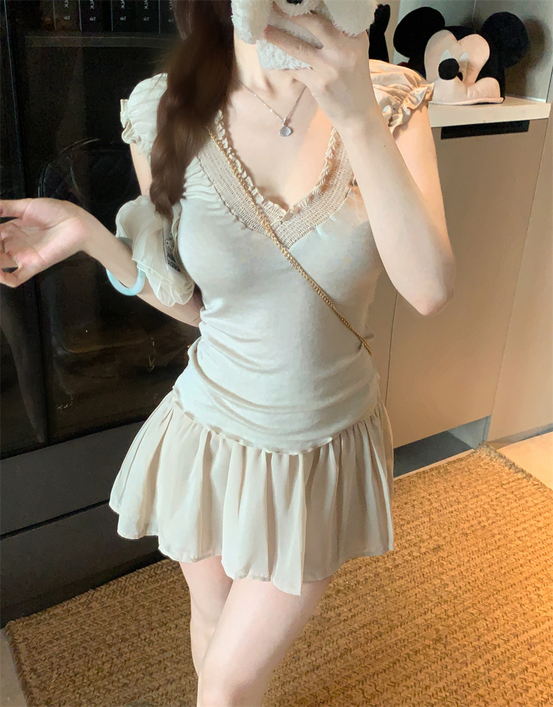 Summer Two-Piece Set with Ruffle V-Neck Short Sleeve T-Shirt and Lace Chiffon Skirt for Women