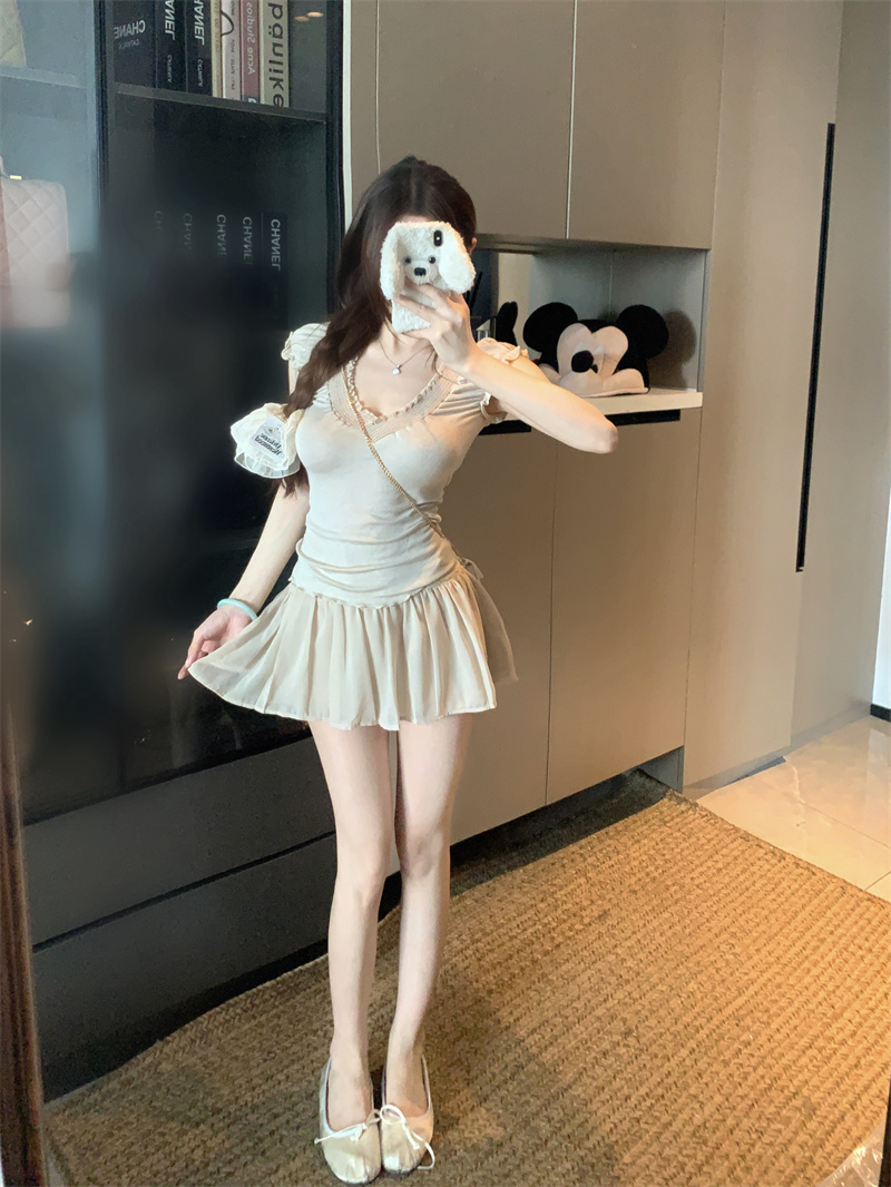Summer Two-Piece Set with Ruffle V-Neck Short Sleeve T-Shirt and Lace Chiffon Skirt for Women - Image 3