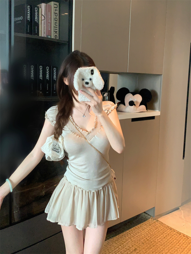 Summer Two-Piece Set with Ruffle V-Neck Short Sleeve T-Shirt and Lace Chiffon Skirt for Women - Image 4