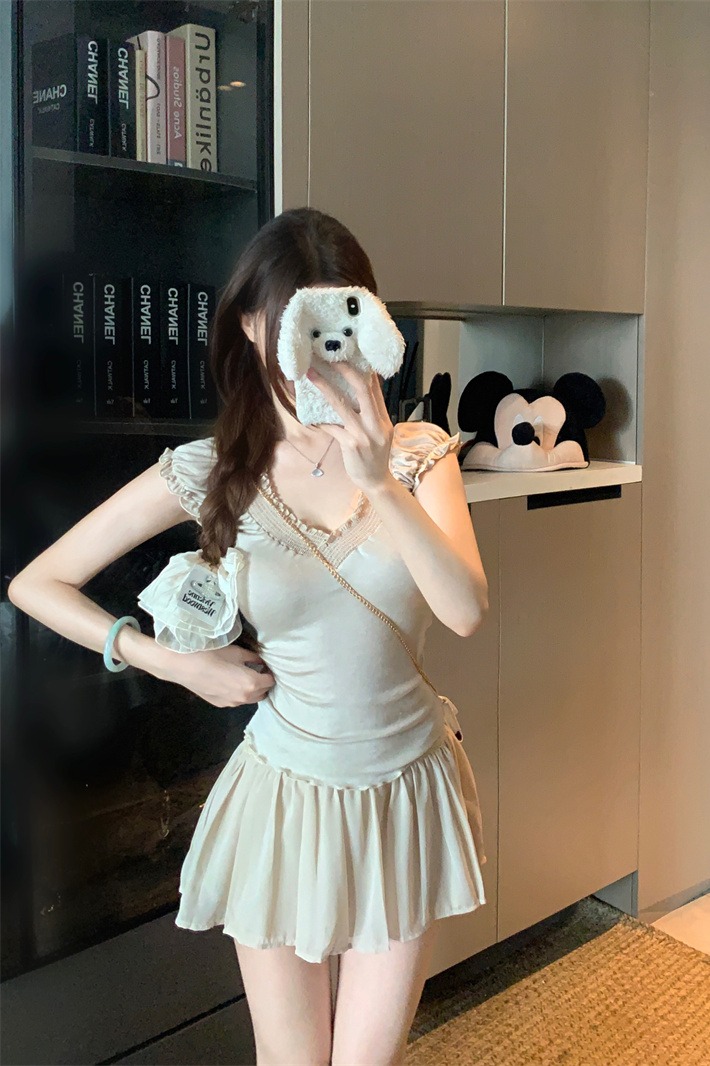 Summer Two-Piece Set with Ruffle V-Neck Short Sleeve T-Shirt and Lace Chiffon Skirt for Women - Image 5