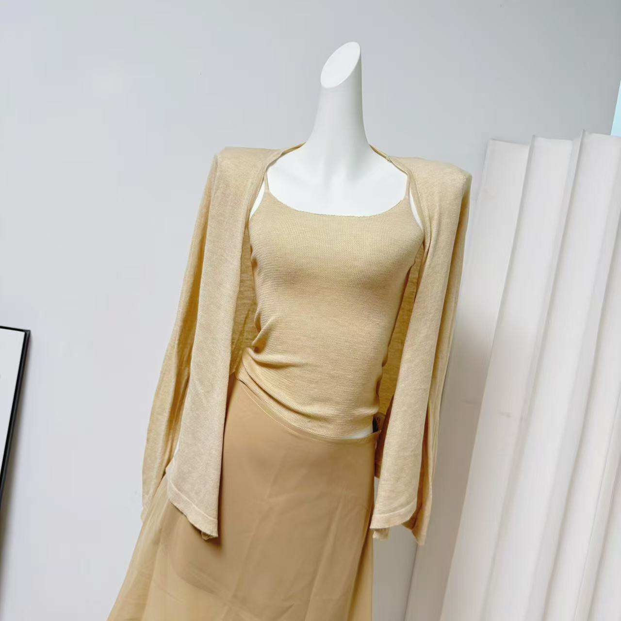 Women’s Knit Cardigan Long Sleeve Top with Cami and Skirt Two-Piece Set