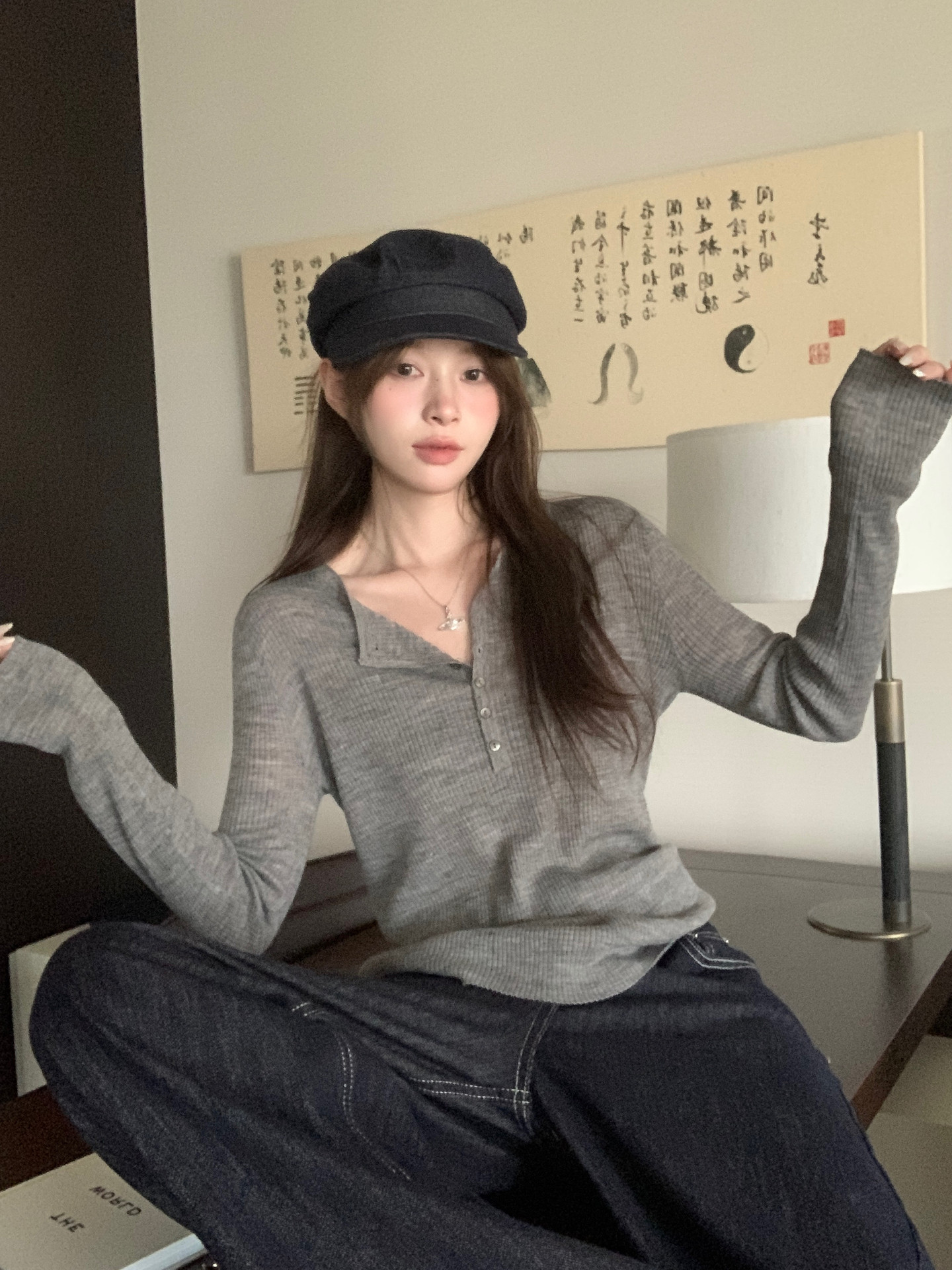 White Knit Sweater for Women 2026 Fall Winter Lapel Slim V-Neck Thin Base Layer Top