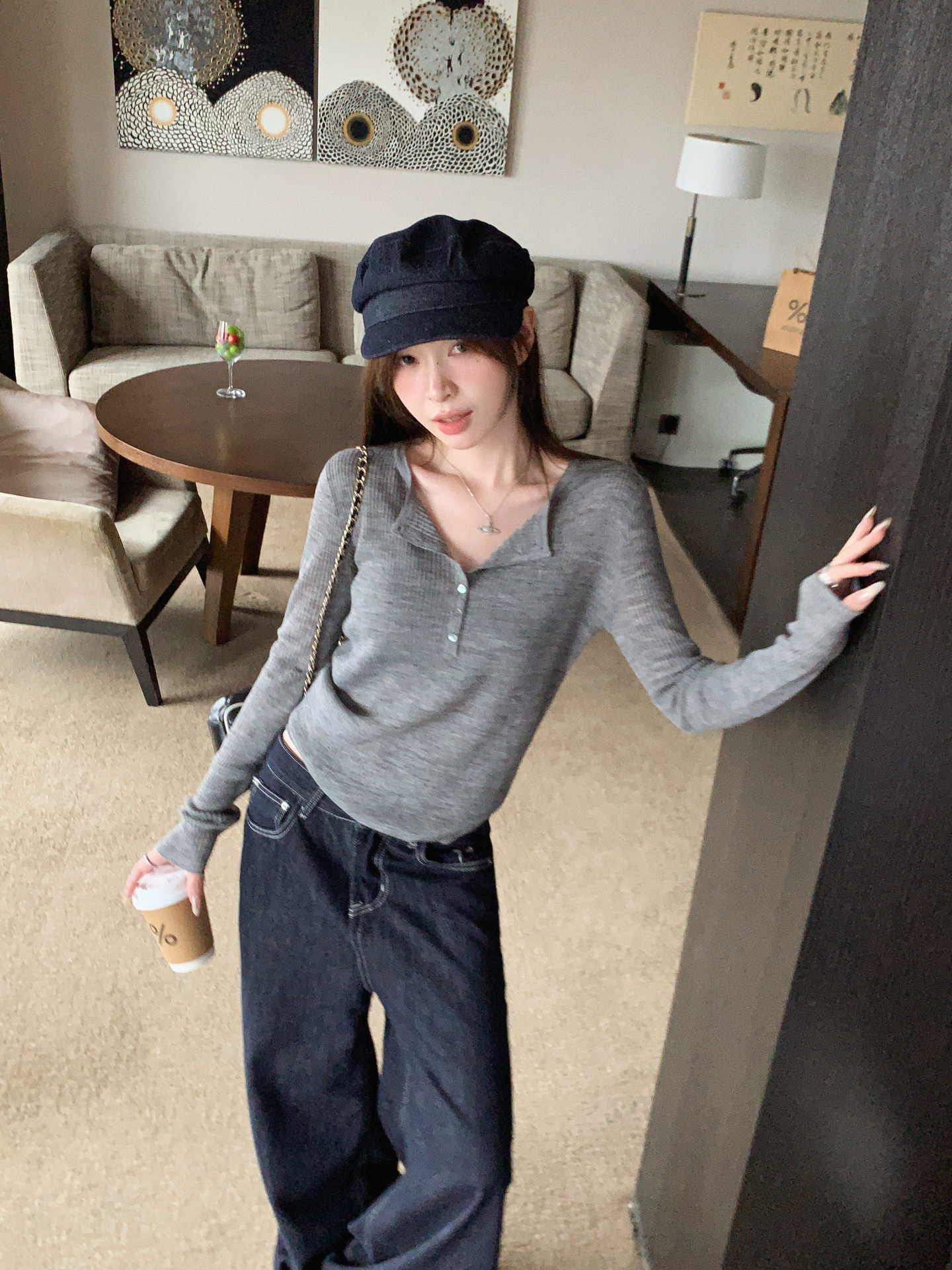 White Knit Sweater for Women 2026 Fall Winter Lapel Slim V-Neck Thin Base Layer Top - Image 4