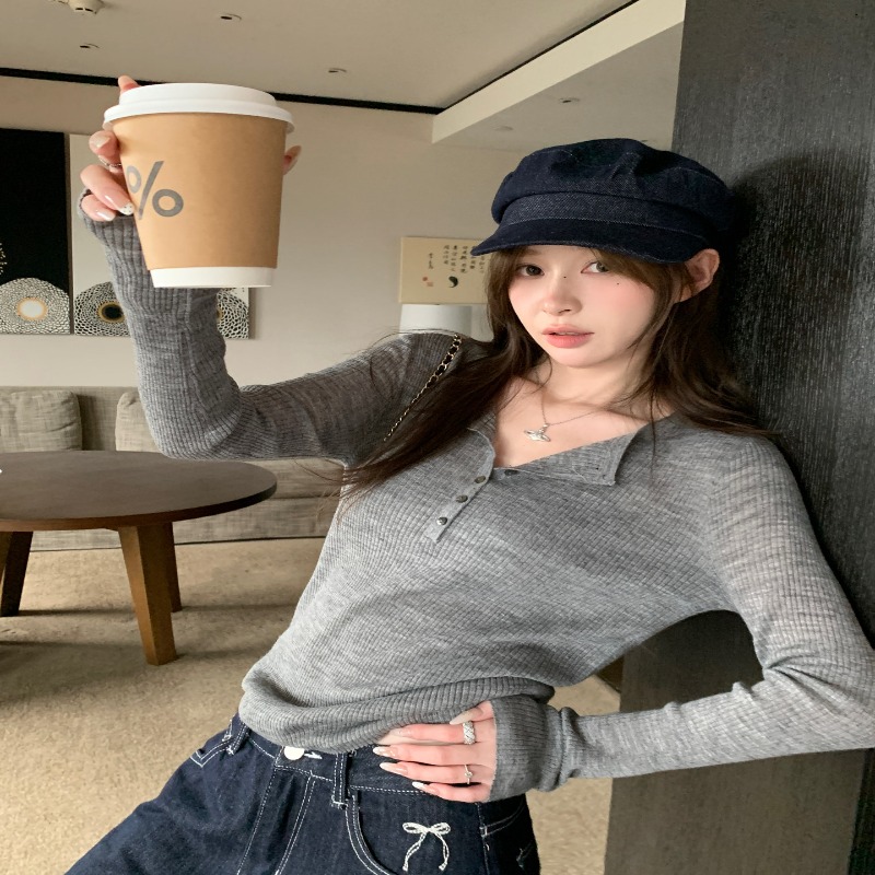 White Knit Sweater for Women 2026 Fall Winter Lapel Slim V-Neck Thin Base Layer Top - Image 5