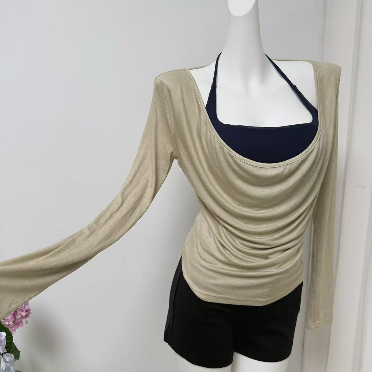 Iris Lumina Women's Two-Piece Layered Halter Top with Cowl Neck Long Sleeve Cover-Up T-Shirt - Image 2