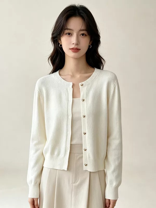 Versatile Retro Heart Gold Button Knit Cardigan Women's Sweater Coat Casual Outerwear Top Fall Winter - Image 3