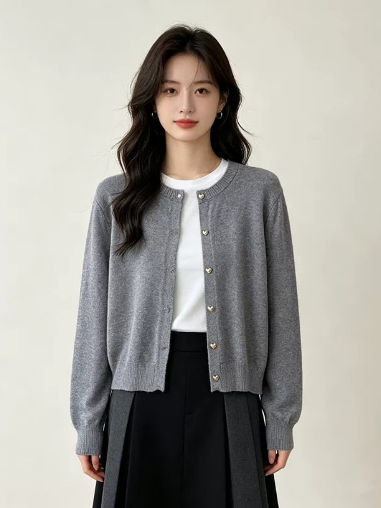 Versatile Retro Heart Gold Button Knit Cardigan Women's Sweater Coat Casual Outerwear Top Fall Winter - Image 4