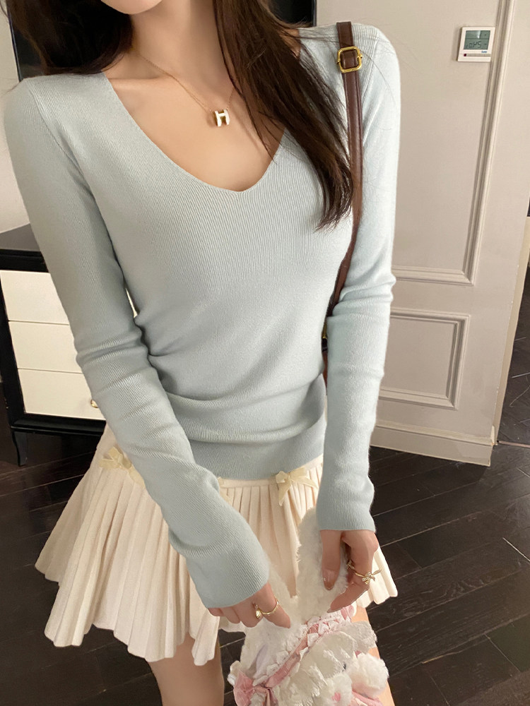 Women’s V-Neck Knit Sweater 2026 Autumn Slim Long Sleeve Pullover Top