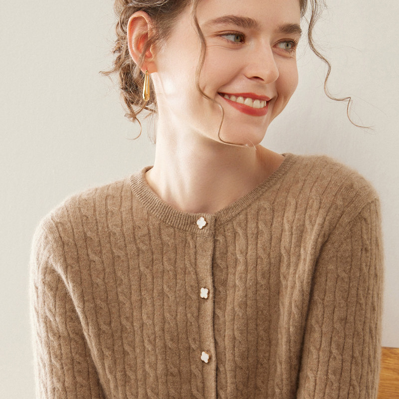 Women’s Autumn Winter Round Neck Cardigan Sweater Vintage Cable Knit Loose Fit Outerwear – Style 6f5a23