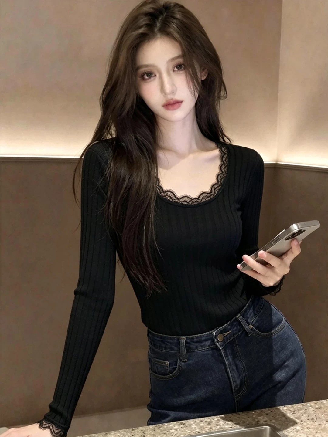 Women's Lace Trim Black Long Sleeve Knit Top Slim Fit Base Layer - Image 2