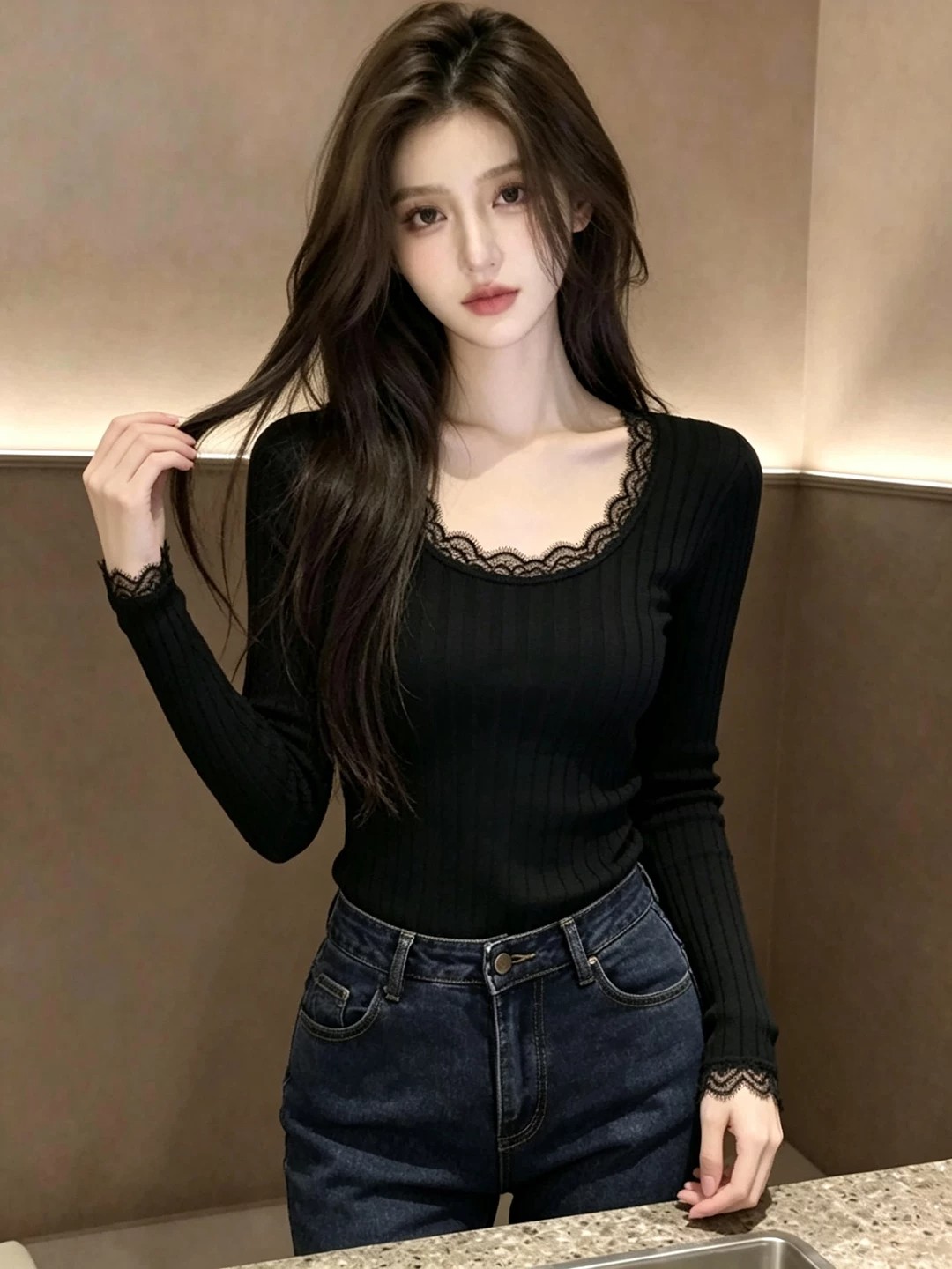 Women's Lace Trim Black Long Sleeve Knit Top Slim Fit Base Layer