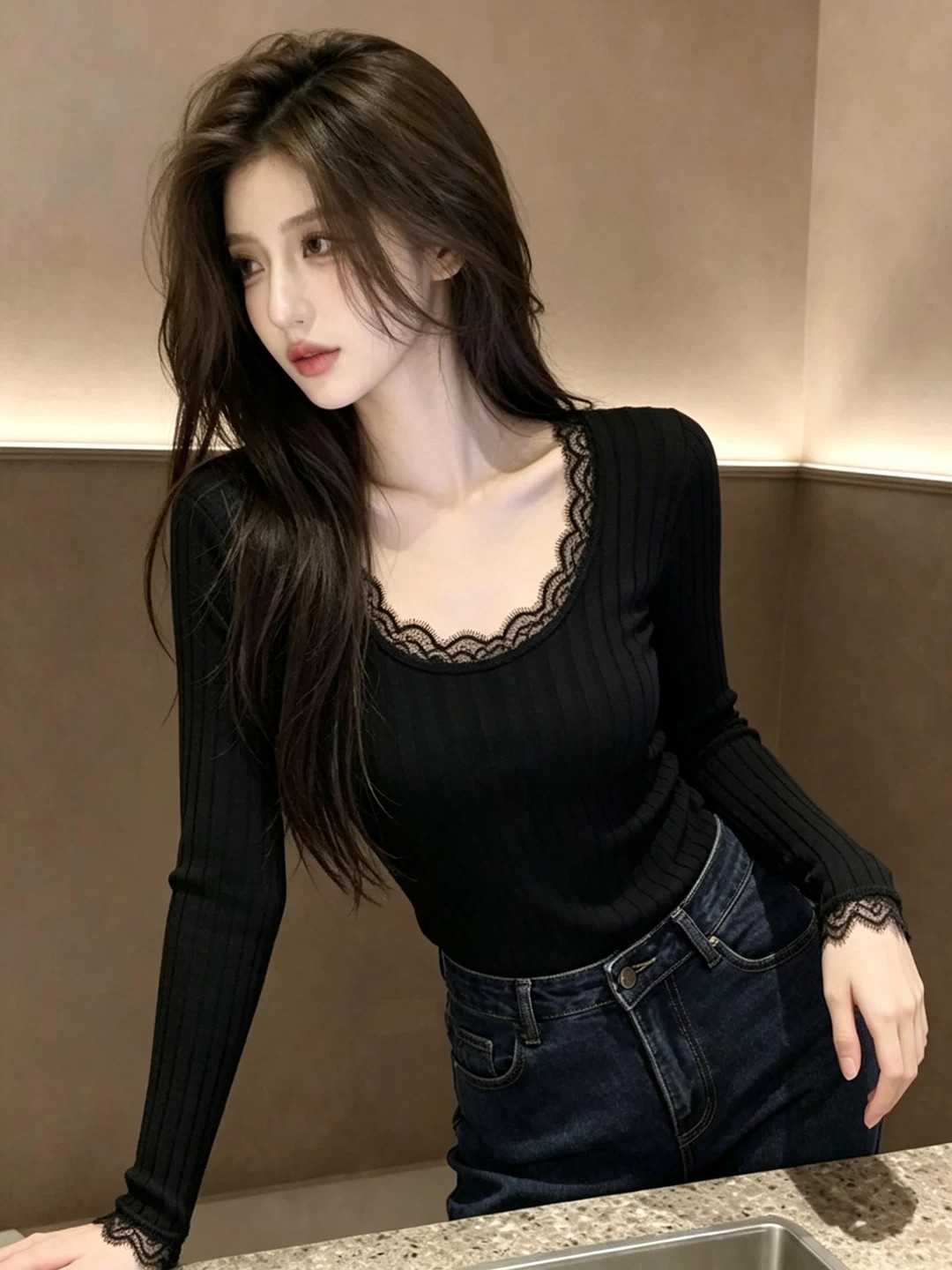 Women's Lace Trim Black Long Sleeve Knit Top Slim Fit Base Layer - Image 4
