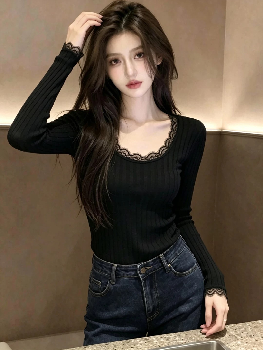 Women's Lace Trim Black Long Sleeve Knit Top Slim Fit Base Layer - Image 3