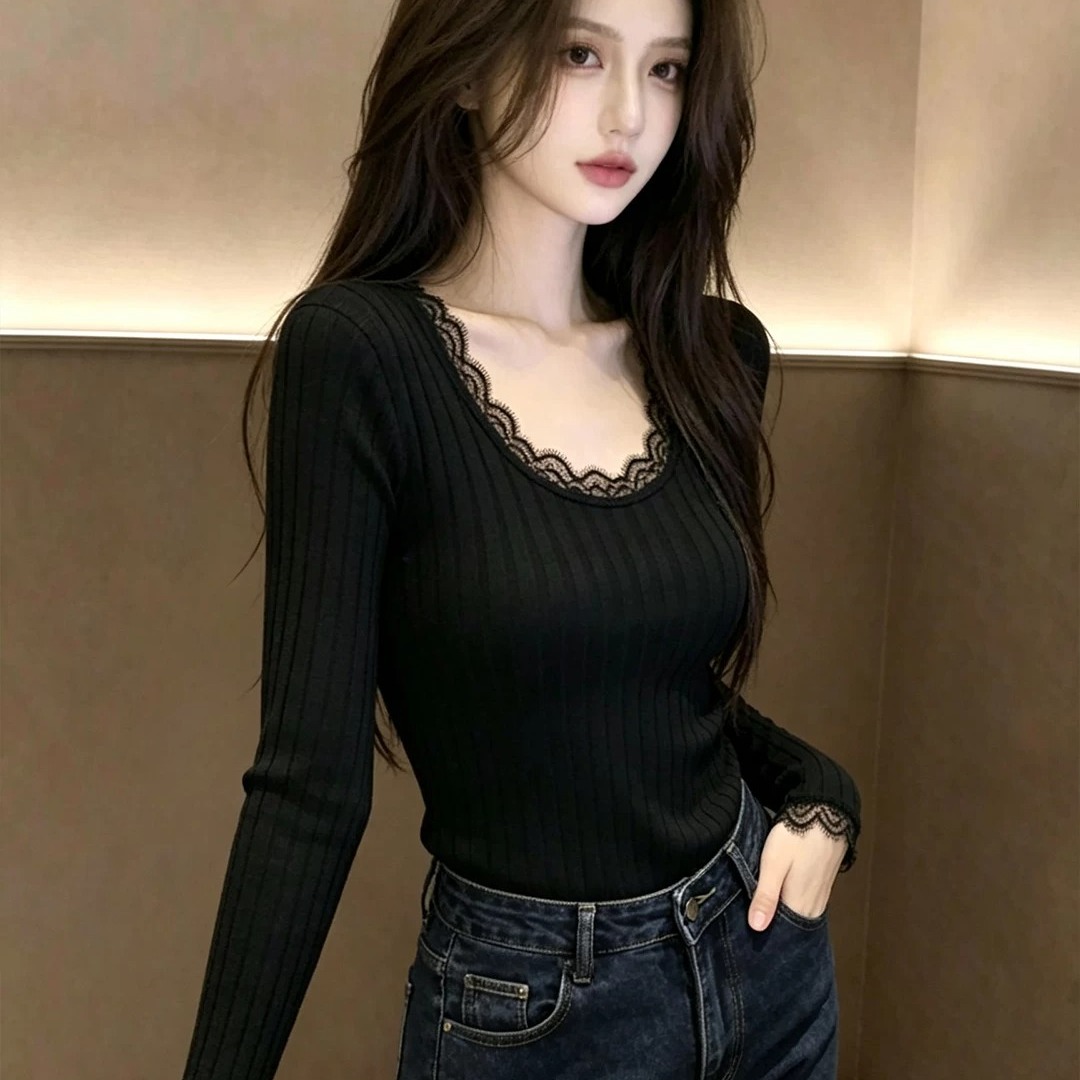 Women's Lace Trim Black Long Sleeve Knit Top Slim Fit Base Layer - Image 5