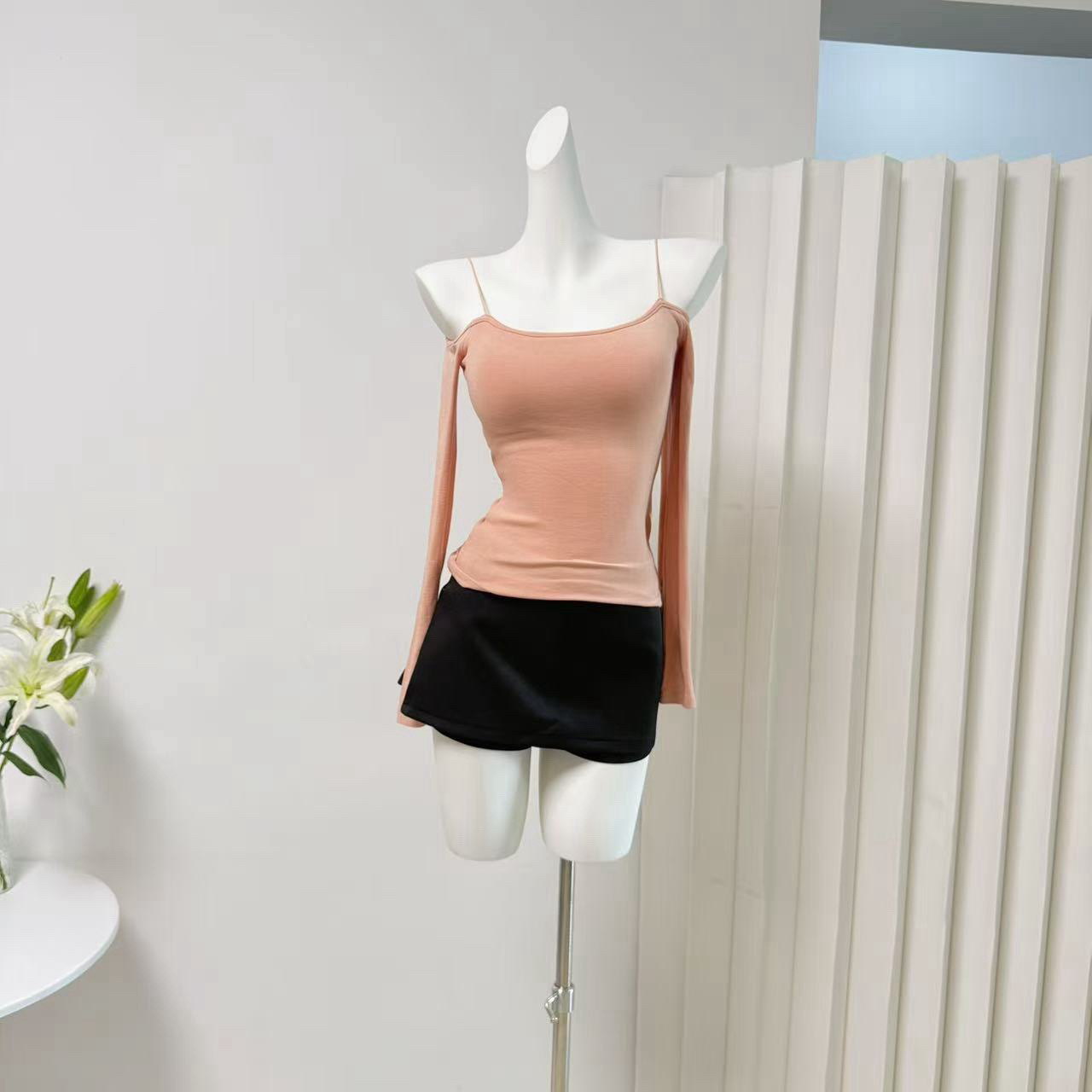 One-Shoulder Long-Sleeve Camisole Top with Built-In Bra Pads Slimming Fit - Image 5